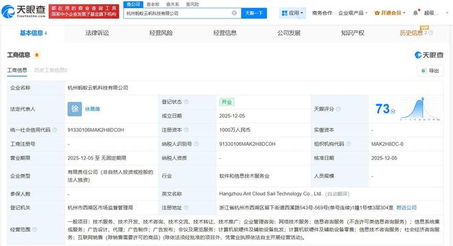 螞蟻集團在杭州成立云帆科技公司，注冊資本1000萬元聚焦計算機軟硬件批發(fā)
